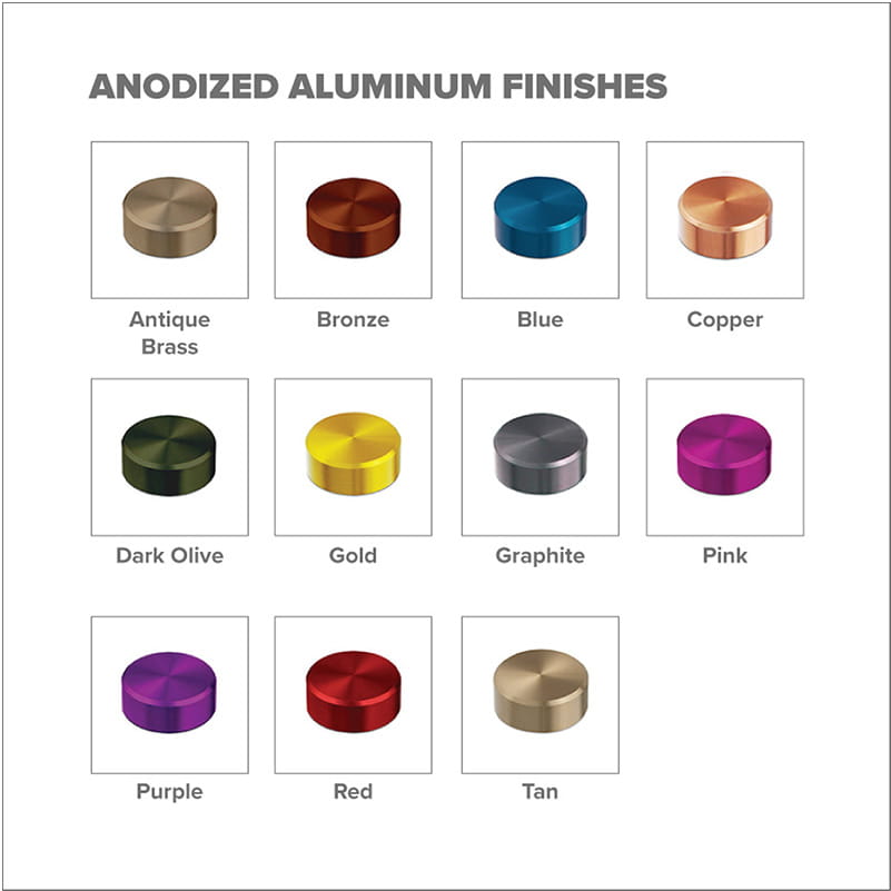 Grid showing eleven colored metal swatch options for anodized aluminum hardware finishes.