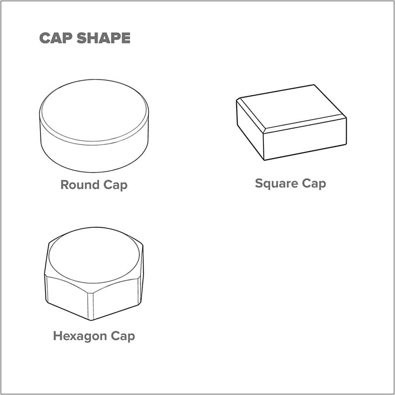Line drawing comparing round, square, and hexagon standoff cap shapes.