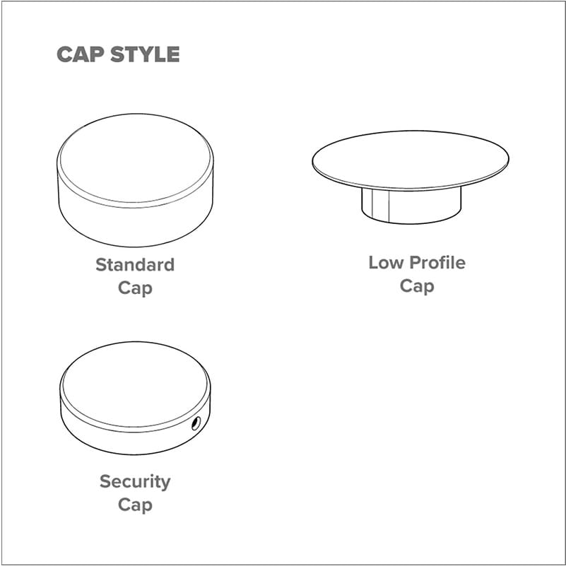 Line drawing comparing standard, low profile, and security standoff cap styles.