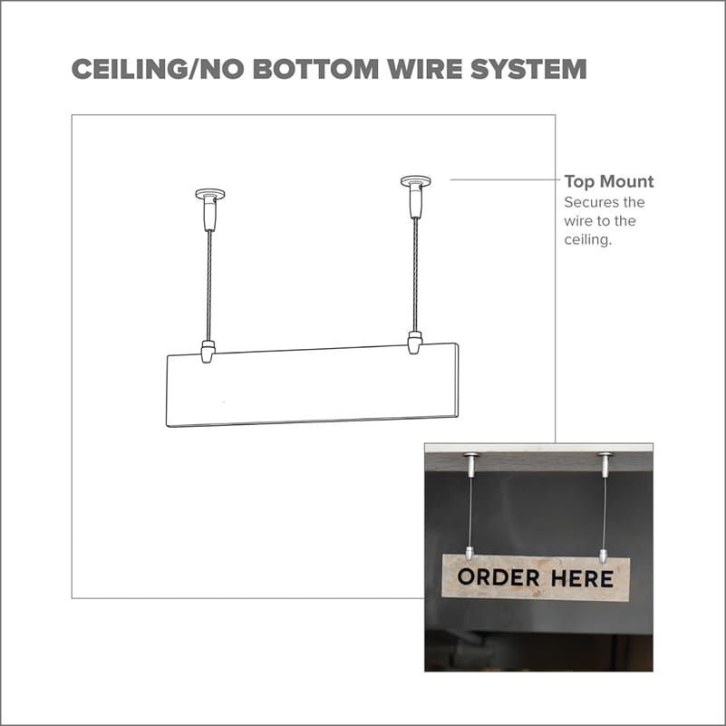 Line drawing of a ceiling-mounted display fixture anchoring a vertical suspension wire.