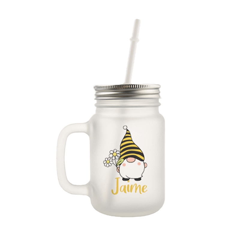 customized frosty mason jar drinkware with name and garden gnome